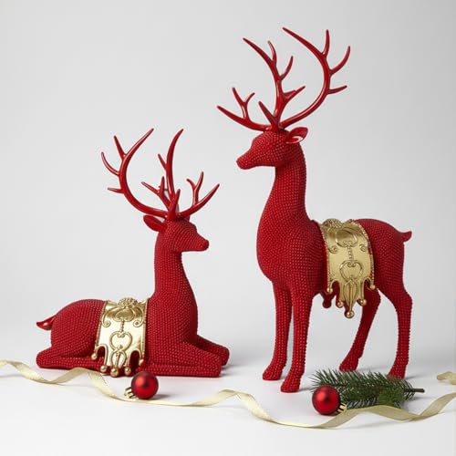 Set of 2 Modern Deer Statues for Home Decor, Handcrafted Resin Elk Sculptures with Intricate Beaded Texture, Elegant Animal Figurines for Living Room, Bookshelf, Office & Housewarming Gift - color: Red