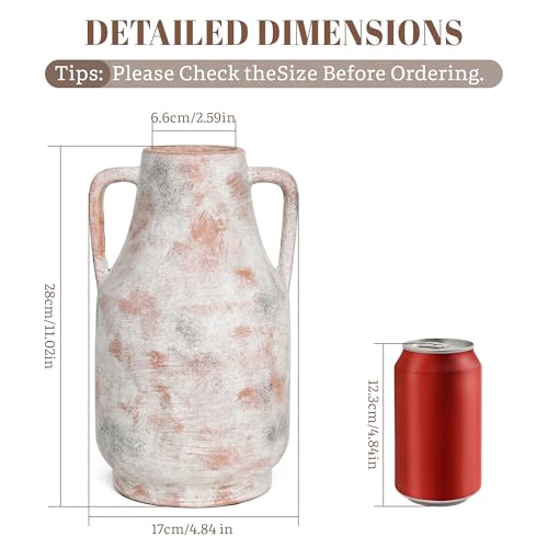 11 Inch Tall Ceramic Vase with Handles, Off-White Farmhouse Rustic Decor | Large Terracotta Style Table Vase for Living Room, Shelf & Fireplace Mantle | Decorative Pottery Centerpiece - color: Terracotta