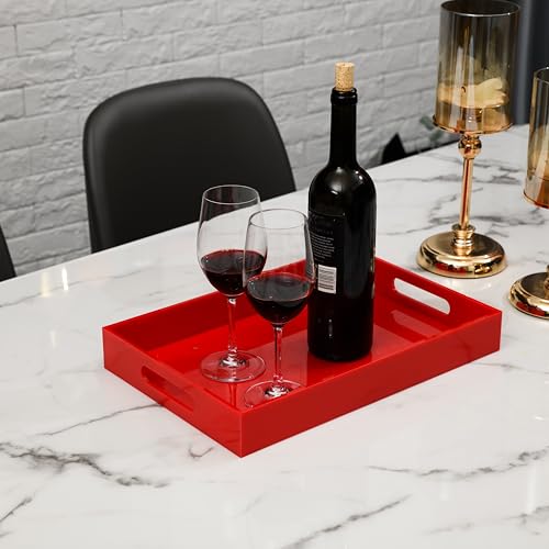 Sturdy Red Acrylic Serving Tray with Handles - 10x15Inch, Coffee, Appetizer, Breakfast, Butler Tray - Kitchen Countertop & Vanity Table Organizer - color: Glossy Red, size: 15" x 10" x 2"