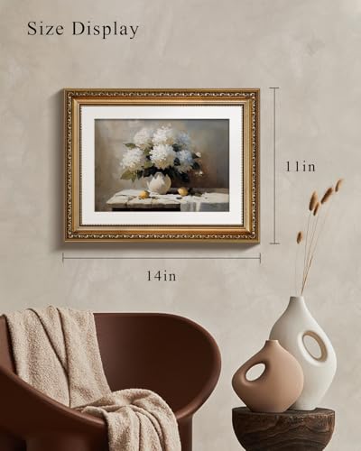 VIYYIEA Gold Framed Wall Art, White Hydrangea Canvas Print Home Decor Vintage Art Lemon Painting Picture Bathroom Wall Decor, Flowers Artwork for Living Room Bedroom Kitchen Office - 14L x 11W - color: Hydrangea, size: 14"L x 11"W