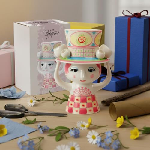 Bjørn Wiinblad Lady with Hat Vase | Hand-Painted Glazed Ceramic | Pink Yellow | 8.1 in