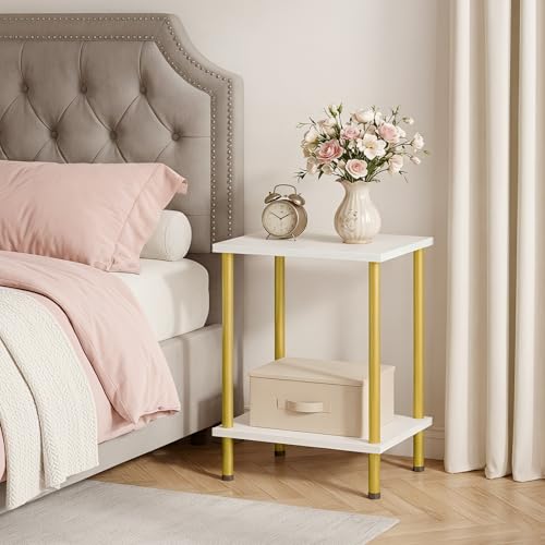 HOOBRO End Table, Small Side Table, Nightstand with 2-Layer Storage Shelves, Sofa Table for Small Spaces, Living Room, Bedroom, Stable Frame, Easy Assembly, White and Gold DW09BZ01 - color: White + Gold