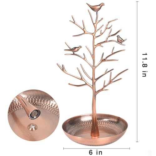 ChezMax Jewelry Display Necklace Earring Organizer Holder Metal Birds Tree Stand with Tray Antique Bracelet Rings Rack Tower Decoration for Women Girl Bronze 11.8 Inch - color: B-Metal Bronze