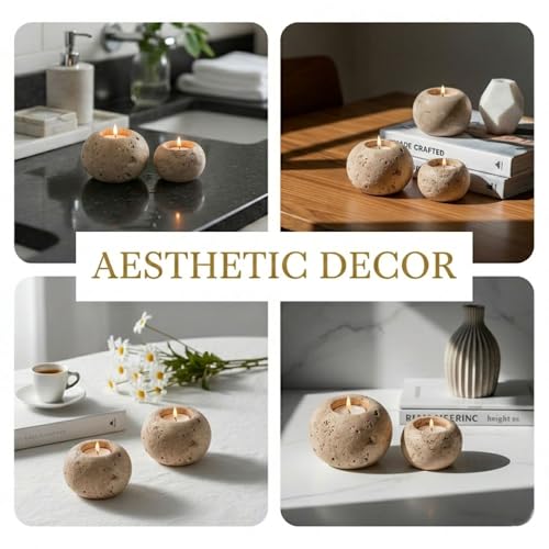 Radicaln Marble Tealight Candle Holder 4" Inch Travertine Handmade Decorative Votive Candle Holder for Home Decor, Elegant Set of 3 Mini Candle Holders & Marble Taper Holder for Housewarming - color: Travertine