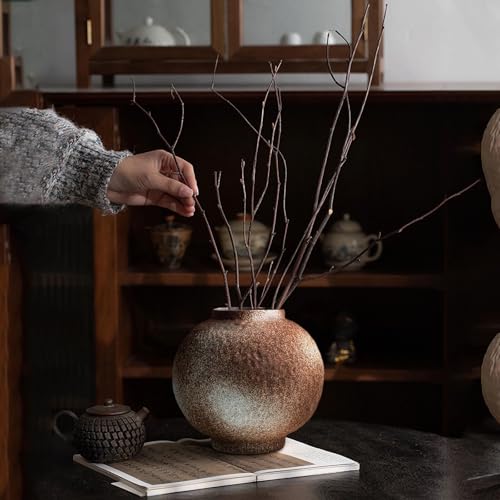 GeLive Round Hammered Finish‌ Rustic Pottery Vase, Handmade Ceramic Flower Vase for Home Decor, Farmhouse Centerpiece Moon Jar Vase (Brown, 7inch)‌