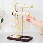 modern T-shaped jewelry rack, jewelry tower, gold metal, square ceramic base decoration display tower, necklace, bracelet, ring storage rack (2-layer beige velvet) - style: 2-layer beige velvet