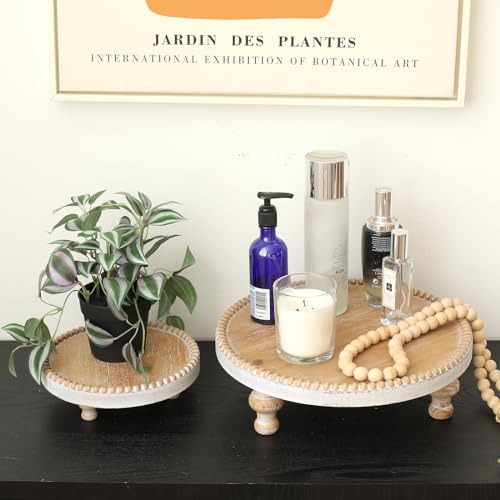 SwallowLiving Rustic Set of 2 Round Wood Tray Riser Farmhouse Pedestal Stand with Beaded Edge for Decor Wooden Finish Cupcake Display for Cakes and Decorative Items 11.8/7.5 inches - color: Set of 2 Burlywood