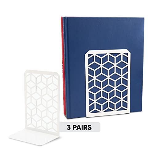Geomod 3D Cube White Metal Bookends Decorative for Heavy Books - Sturdy Boho Book Stops - Minimal Book Shelf Stopper - Durable Office Bookends - Weighted Metal Book Holders - 7x4.75 Inches - 3 Pair - color: White, size: 3 Pairs, style: 3D Cube