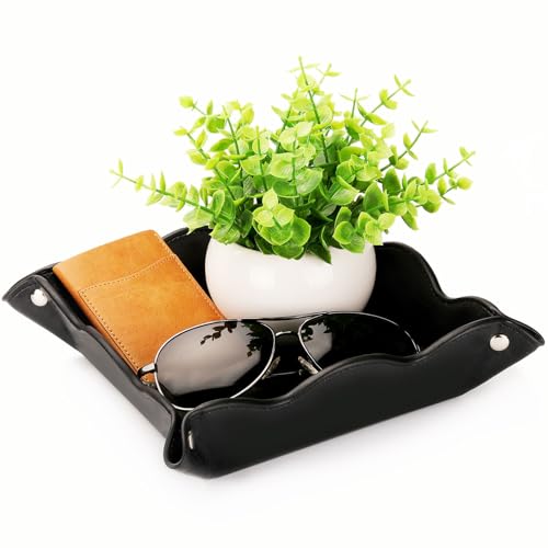 Valet Tray for Men Women - PU Leather Travel Catchall Tray Organizer - Desk Bedside Nightstand Storage Box for Jewelry Key Phone Remote Controller Wallet Watch Glasses Coin Readers -Black - color: Black