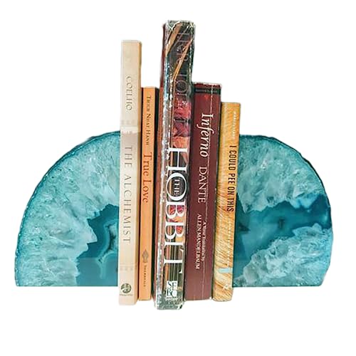JIC Gem Teal Agate Bookends Heavy Duty Book Ends for Shelves Geode Book Ends with Rubber Bumpers for Office Décor and Home Decoration(1 Pair, 2-3 LBS) - color: Green Dyed, size: 2-3LBS.