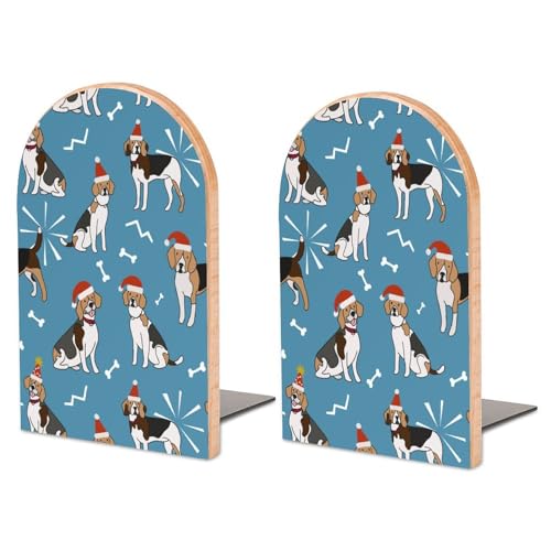 Wooden Bookends 2 Pcs,Beagle Dogs Heavy Duty Office Book Ends Anti Slip Book Shelf Holder with Metal Base Decorative Book Stands - color: Beagle Dogs