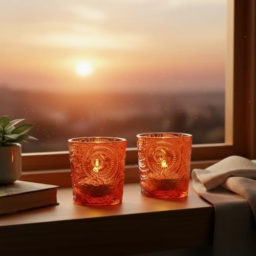12 Pack Patented Sun Moon Star Embossed Glass Tea Light Candle Holders - Unique Votive Candle Holders for Wedding, Party, and Table Centerpieces (Pumpkin Spice) - color: Pumpkin Spice