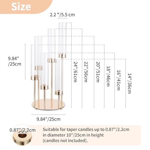 NUPTIO Hurricane Candelabra Candle Holder: 2 Pcs 6 Arm Gold Metal Candlestick Candelabras with Crystal Glass Chimney Cover 24 inch Tall Vintage Taper Candles Holders for Christmas Fireplace Decor - size: 2 Pcs