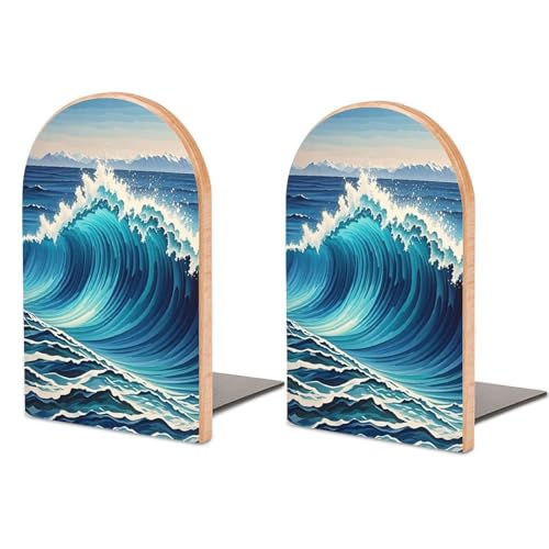 Blue Wave Art Bookends 1 Pair Heavy Duty Book Ends for Shelves Non-Skid Bookend Supports Wooden Book Holders with Metal Base Desk Organizers Books Storage to Hold Books