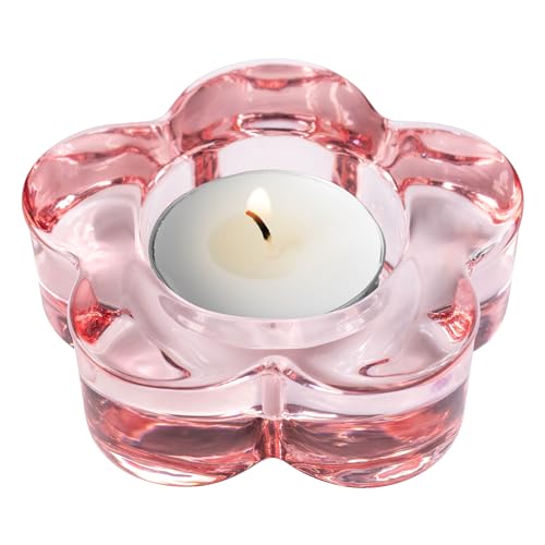 Karma Glass Flower Tealight Holder - Chunky Glass Candle Holder for Home & Party Decor, Wedding Table Centerpiece in Teal & Blush - color: Blush
