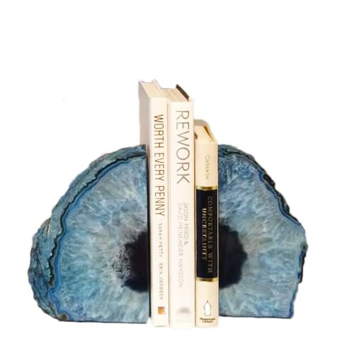 JIC Gem Agate Bookends Dyed Blue Book Ends for Heavy Books Geode Bookends for Bookshelf Decor Cute Stone Bookends with Rubber Bumpers for Office Décor and Home Decoration(1 Pair,6 to 8 Lbs) - color: Blue Dyed, size: 6-8LBS.