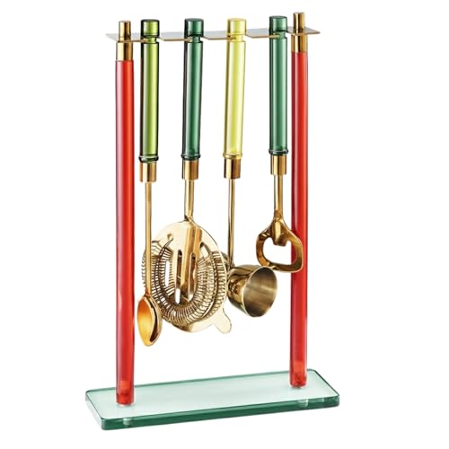 5-Piece Gold Bartender Kit with Stand. Stainless Steel Bar Tool Set, Colorful Handles. Includes Jigger, Strainer, Spoon, Bottle Opener Luxury Home Bar Cart Accessories, Cocktail Decor & Mixer Gift Set - color: Mixed Color