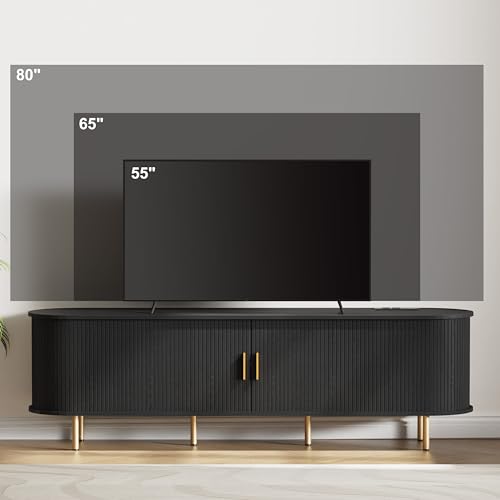 DHH 70.8 Inch Mid Century Modern TV Stand with Power Outlet for TVs up to 80 Inch, Entertainment Center with Storage and Adjustable Shelves, Media Console with Sliding Doors for Living Room, Black - color: Black, size: 71 Inch