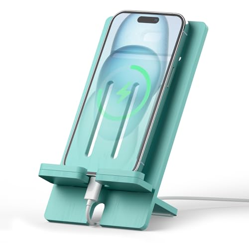 Pezin & Hulin Bamboo Cell Phone Stand, Adjustable Wood Charging Dock Holder, Portable Desktop Phone Rack, Compatible with All Phone -Slim Version(Teal) - color: Slim (Teal)