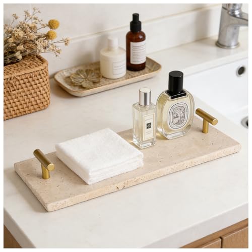 Napkin Holder - Guest Towel Holder for Bathroom - Travertine Stone Paper Towel Holder - Hand Towel Tray with Gold T-Handle(11.8x4.7x1.7 Inchs) - color: Yellow