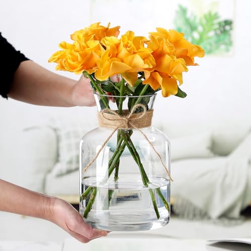 8" Decorative Modern Flower Vase with Twine Rope for Floral Arrangements, Wide Mouth Large Clear Glass Vase for Bouquet(Transparent) (Clear, 03) - color: Clear, size: 03