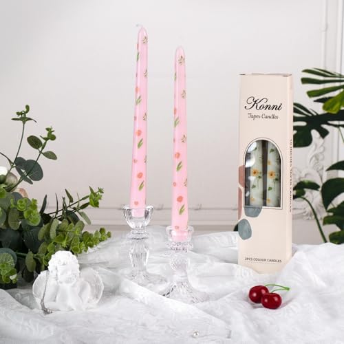 Taper Candles,10 inch 2pc Pink Tapered Candles with Tulip Printed, Unscented and Smokeless Long Burning Candles,Tall Candlesticks with Cotton Wicks,Ideal for Weddings, Home Décor - style: Tulip