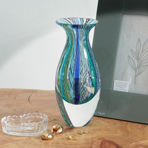 Ca D Oro Small Glass Vase Boho with Blue/Green Canes Hand Blown Murano-Style Art Glass - Model Nº 2 - color: Small Blue Model 2