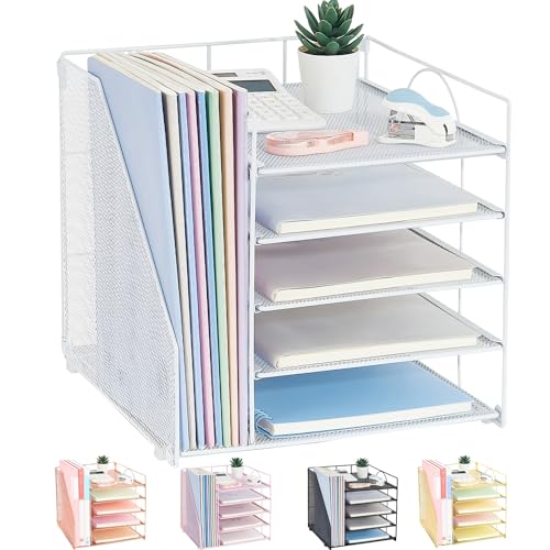 LEKETREE Desk Organizers and Accessories, 5-Tier Paper Letter Tray Organizer with File Holder, Desktop Organizer for Office Supplies (White) - color: White, size: 12" x 12" x 12"