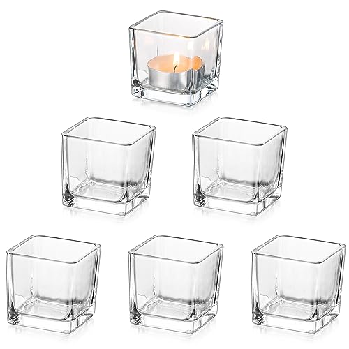 Glasseam Glass Votive Candle Holders: Set of 6 Clear Square Tealight Holder Small Tea Light Holders for Table Centerpiece Wedding Decor
