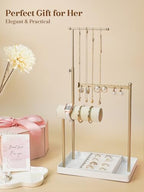 Jenseits Jewelry Organizer Stand with Ring Holder - 3-Tier Gold Jewelry Holder Tower with Velvet Tray, Necklace Holder, Bracelet & Earring Display Stand for Women, Gift for Her - color: white-gold