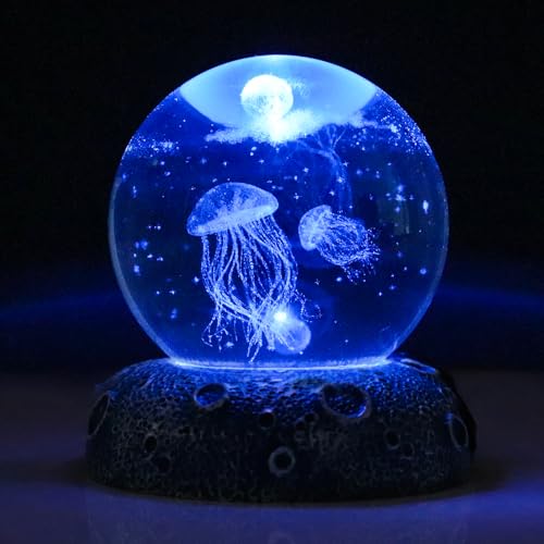 Jellyfish 3D Crystal Ball Decor Figurine, 2.4inch Oceans Glass Ball Gifts for Women, Home Decorative Sculpture Display Keepsakes for Marine Organism Lover - color: Jellyfish