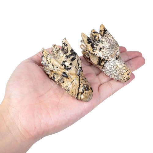 mookaitedecor Natural Grass Flower Jasper Stone Dragon Head Figurine, Gothic Dragon Skull Statue Animal Carving Sculpture for Collection Home Decor - style: Dragon Head