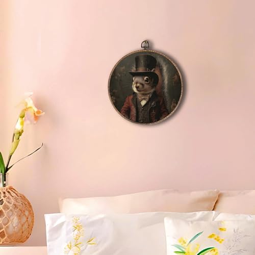Hxlac Victorian Squirrel Round Wall Art Framed, Vintage Victorian Style Animal Round Wall Decor, Autumn Squirrel Hanging Canvas Prints Wall Sculptures for Farmhouse Home Room Decor, 10x10 Inch - color: squirrel victorian
