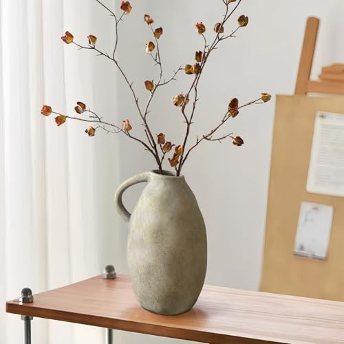 10.3 Inch Rustic Ceramic Handmade Pottery Vase with Handle, White Grey Vintage Farmhouse Vase for Home Decor, Farmhouse Flower Vase for Living Room, Kitchen, Thanksgiving Centerpiece - color: White Gray
