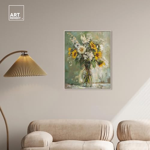 Art Remedy Sunflowers In A Glass Vase Canvas Vintage Farmhouse Wall Art, Silver Frame, 24" x 30" - color: Silver Frame, size: 31"L x 25"W