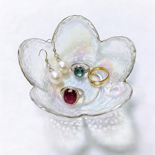 Flower Ring Dish Jewelry Tray, Glass Jewelry Dish Tray, Aesthetic Room Decor Small Trinket Dish, Nightstand Jewlery Ring Holder Dish, Bathroom Jewelry Plate Bowl for Rings Earrings Gift (White) - color: Rainbow Color