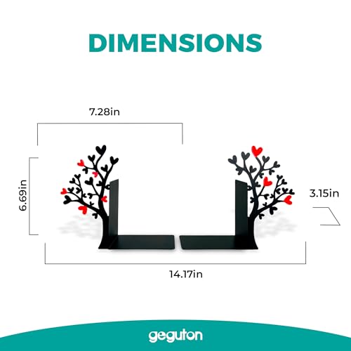 Tree Bookends with Heart-Shaped Leaves - Steel with Epoxy Coating and Wood Base - Decorative Pair of Book Holders for Shelves and Desk - Black with Red Accents – Geguton - color: Flower-heart Tree - Red and Black