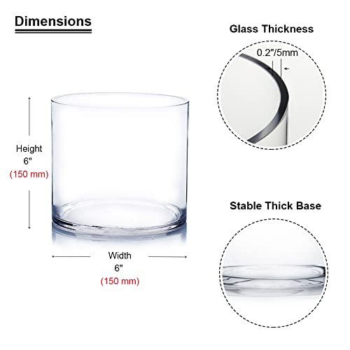 Enova Floral Clear Glass Cylinder Vase 6 x 6 Inches Round Flower Vase, Pillar Candle Hurricane Floating Candle Holder Vase, Small Floral Glass Vase for Decoration Home, Wedding Centerpiece (1 Piece) - size: 6W x 6H