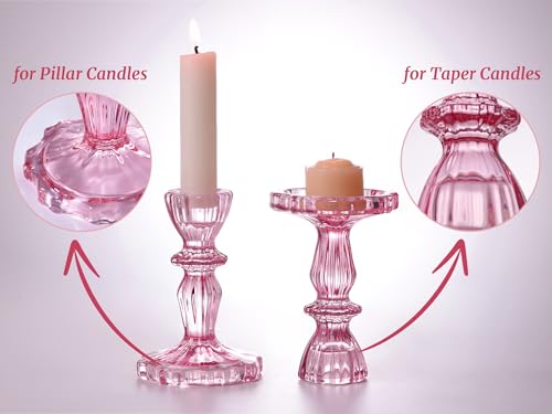 12pcs Taper Candle Holders, Candlestick Holders, Glass Candle Holder - Vintage Flower Design Candle Holders for Wedding, Baby Shower & Mother's Day Decorations (Pink) - color: Pink