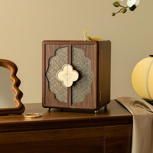 KINTNESS Wooden Jewelry Box With Key, 5 Layers Lockable Large Jewelry Organizer for Women Girls, Walnut Texture for Bracelet, Necklace, Ring, Valentines Gift for Women - style: Four-Leaf Clover Handle Design
