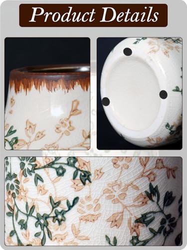 Vintage Ceramic Vase - 7.8 Inch Hand-Painted Flowers with Ice Crackle Glaze Finish, American Farmhouse Style Pitcher Vase for Home Decor, Centerpiece, Shelf, Table, Office - color: Beige and Green-002