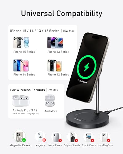 Anker MagSafe Compatible MagGo Charger Stand, iPhone 17 Wireless Charger, 2-in-1 Charging Station, Qi2 Certified 15W Fast Charging, for iPhone 17/16/15/14/13/12, AirPods Pro (Black, No Adapter) - color: Black