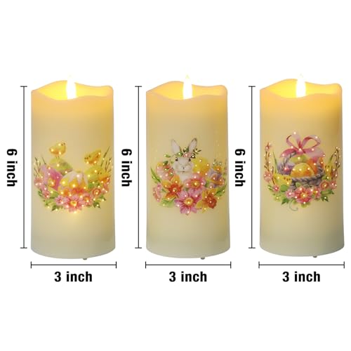 Eywamage Fiber Optic Spring Flameless Candles with Remote, Flickering Easter LED Pillar Candles Battery Operated Set of 3 - color: Easter