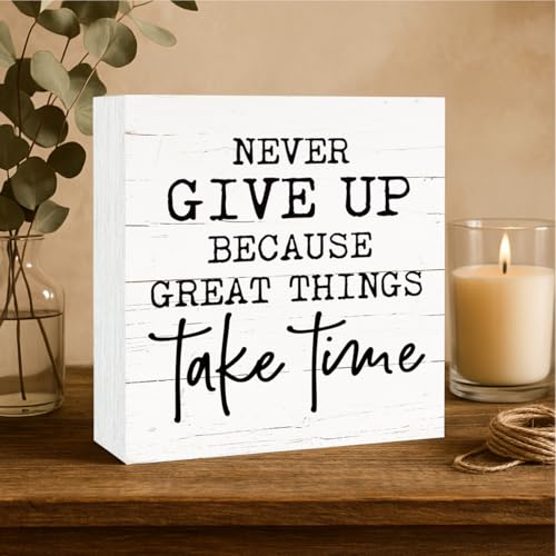 Motivational Wood Sign, Farmhouse Tabletop Decor, Home Office Desk Decor, Meaningful Gifts for Women Men, Decorative Wooden Signs and Plaques, Never Give Up Because Great Things Take Time Sign, White - color: Inspirational04