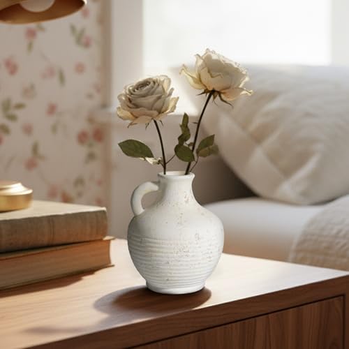 Sunddo White Ceramic Vase with Handles, Rustic Farmhouse Terracotta Small Vase, Pottery Decorative Flower for Home Decor, Table, Living Room, Bathroom, Shelf, Mantel Decor - color: White - 6, size: 6 Inch