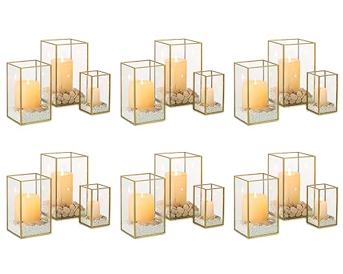 NUPTIO Candle Lantern for Wedding Centerpiece: 18 Pcs Clear Hurricane Glass Pillar Candles Holder with Gold Frame Bulk Decorative Candle Lanterns for Christmas Dining Table Decor 8.1 & 6.5 & 4.7 inch - color: Gold, size: 8.1 & 6.5 & 4.7 inch H - 18 Pcs