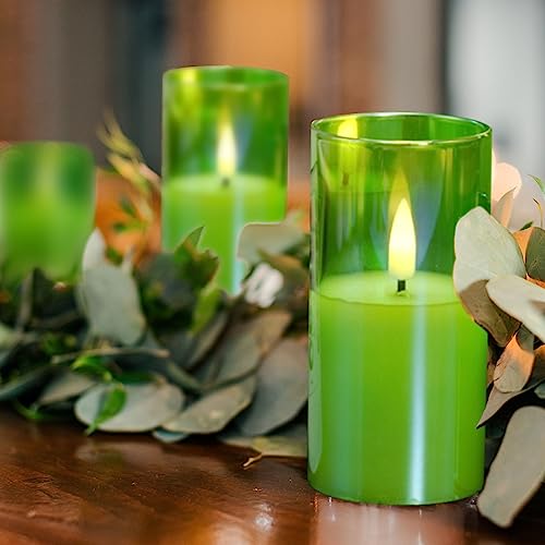 Eywamage Green Glass Flameless Candles with Remote Batteries, LED Pillar Candles Flickering Spring Home Decor Set of 5 - color: Green