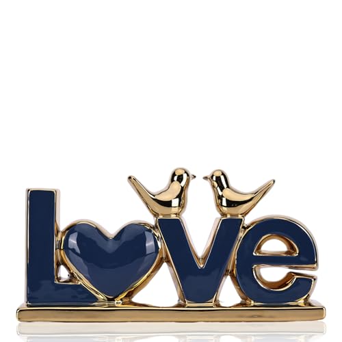 DOVDOV Blue and Gold Ceramic Love Sign Sculpture with Heart and Bird Statues, Modern Home Decor Accents for Living Room Coffee Table, TV Stand, Entryway and Shelf, Wedding or Housewarming Gift - color: Blg