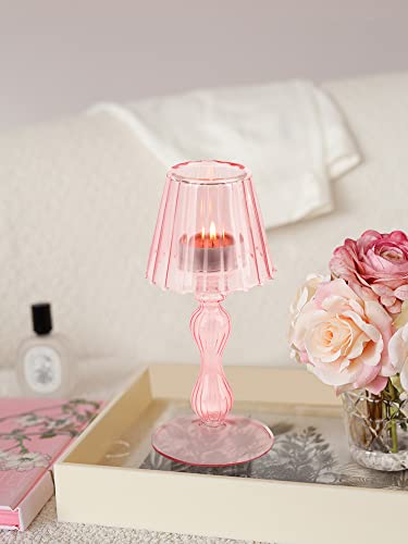 Gurfuy Desk Lamp Shaped Glass Candle Holder - Glass Hurricane Candleholder Crystal Decorative Candle Stand for Table Wedding Dinning Centerpieces Party Supplies Festival Decor Pink - color: Pink