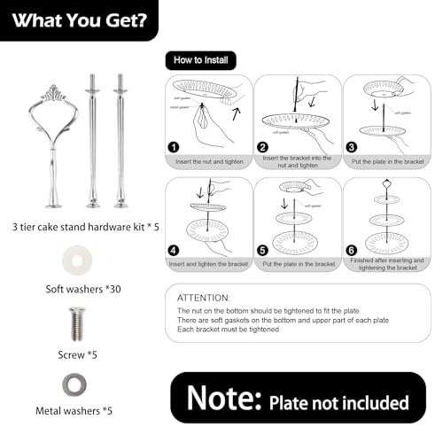 3 Tier Cake Stand Hardware Kits Heavy Duty for Tiered Fruit Cake Plate Stand Stable Handle Fitting Hardware Rod Cupcake Holder Support Silver Crown 5 Sets（Plate not Included） - color: Silver